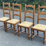 4 straw and solid wood chairs with high backs