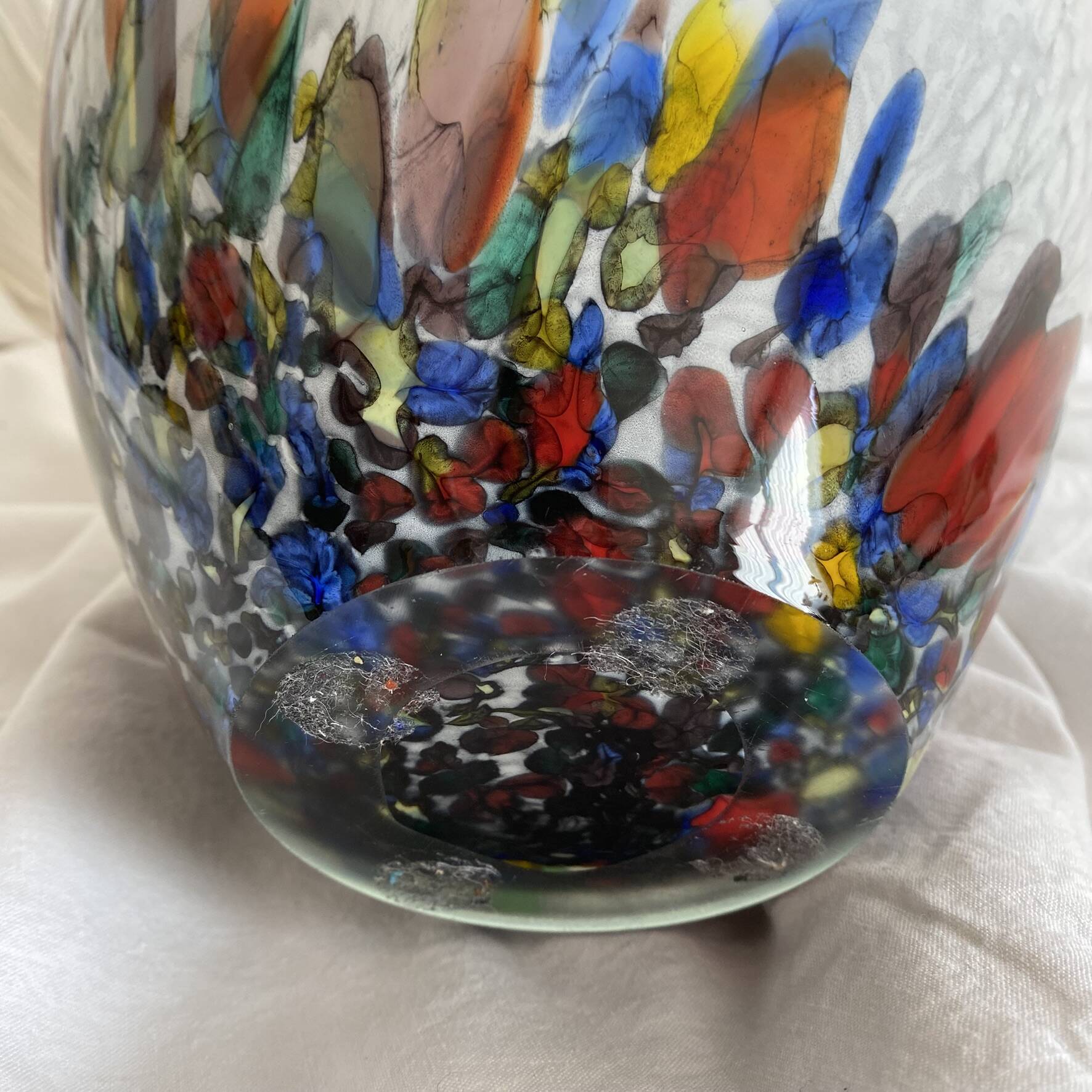 Large blown glass vase with polychrome inclusions in the Murano style.