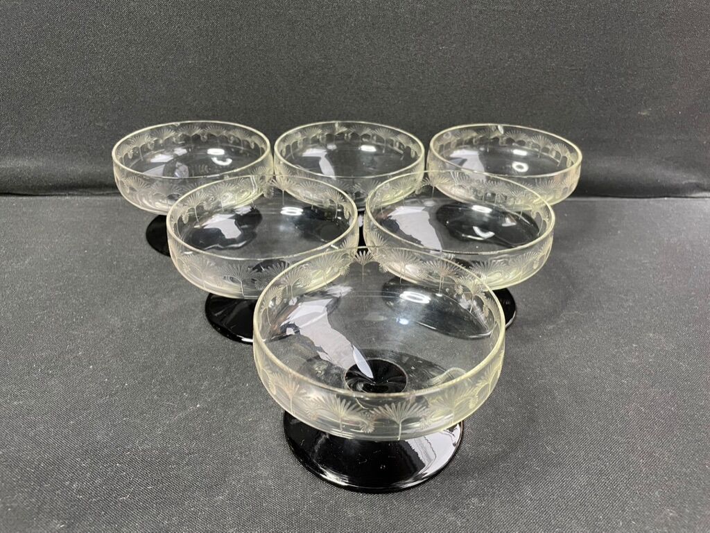 6 champagne glasses 1/2 crystal guilloché colored foot