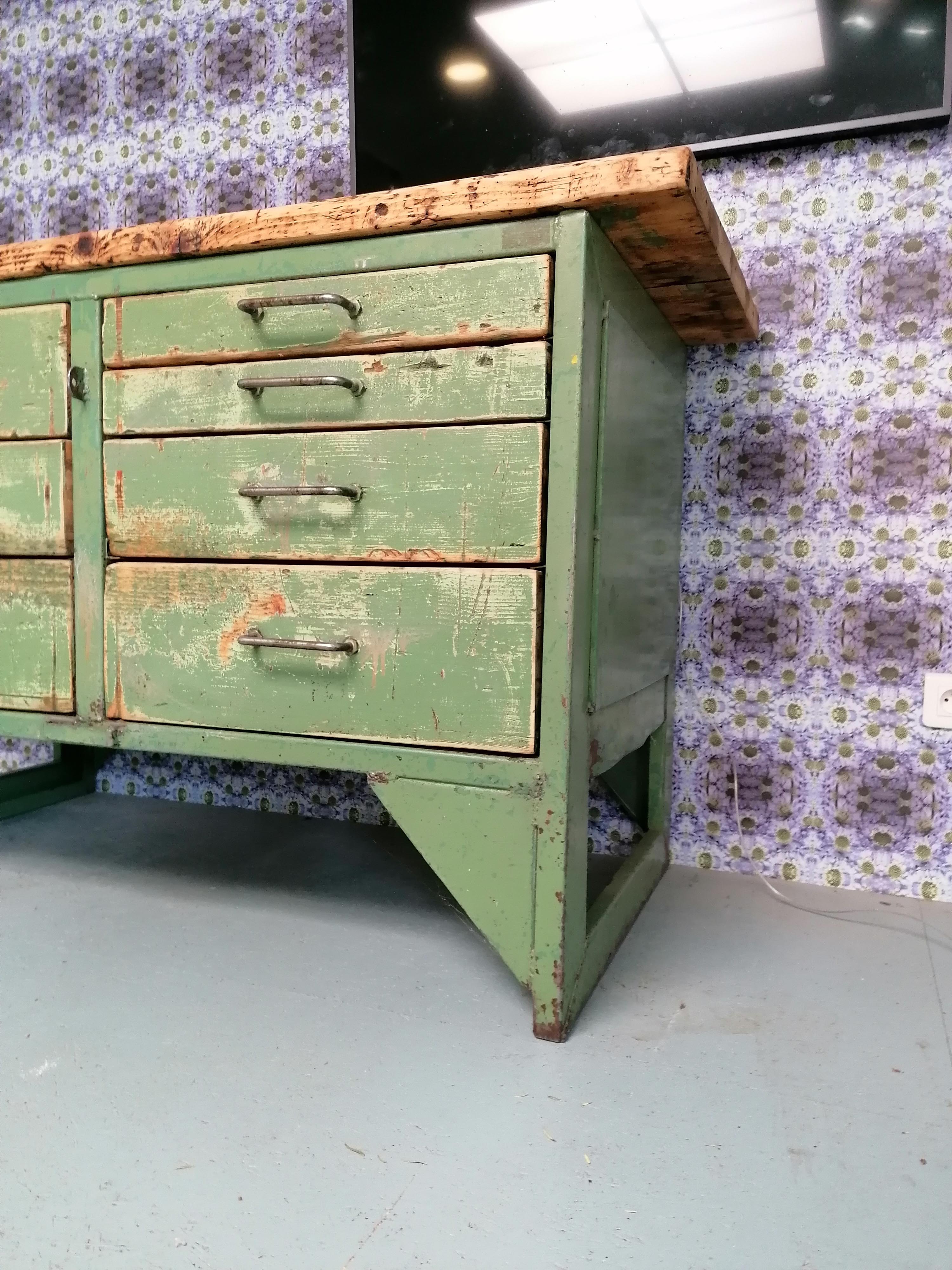 Old wooden garage workbench, industrial vintage.