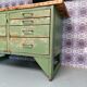 Old wooden garage workbench, industrial vintage.