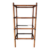 Grande étagère en rotin, lanières cuir et verre fumé années 70-80