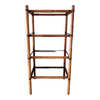 Large rattan shelf, leather strips and smoked glass 70s-80s