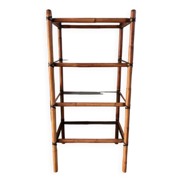 Large rattan shelf, leather strips and smoked glass 70s-80s