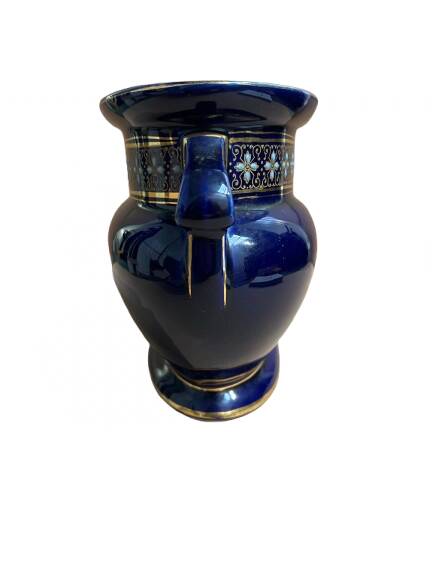 Blue earthenware planter decorated with gold motifs