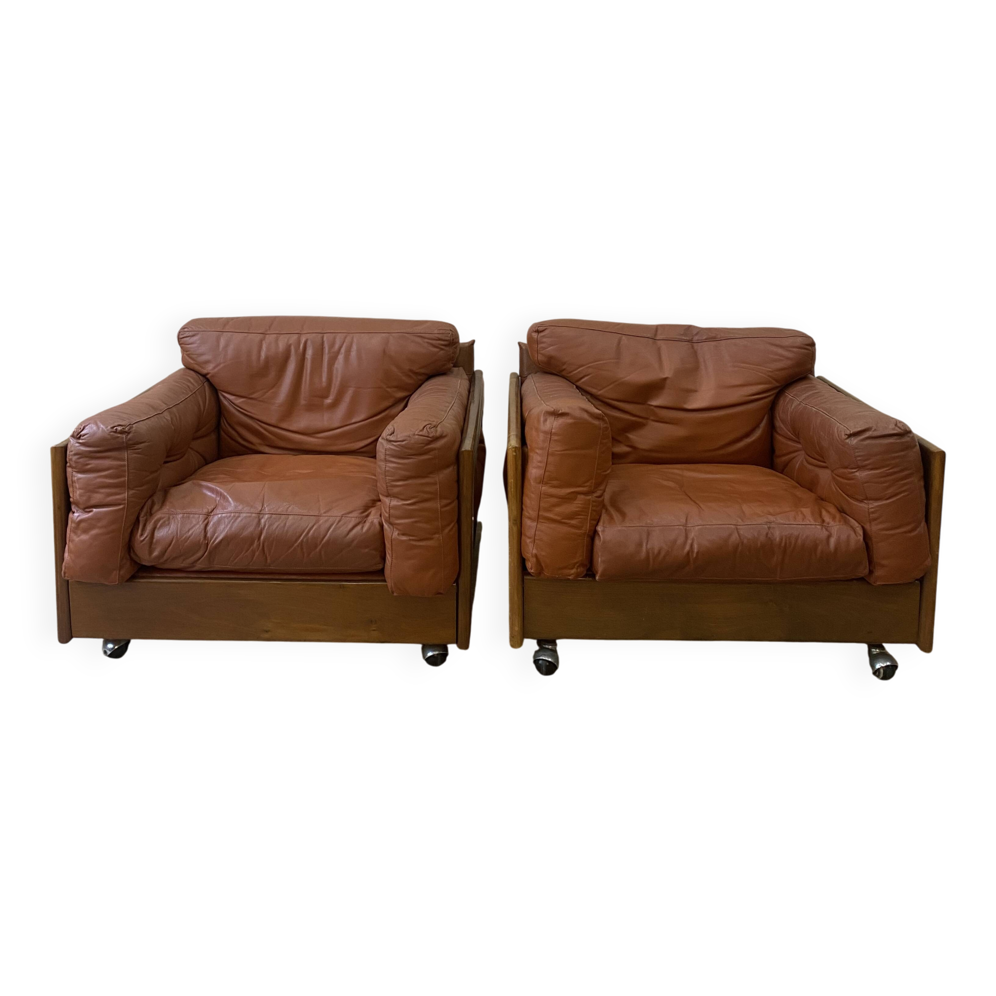 Pair of Cognac Leather Club Armchairs & Wood - Italian Design - 1970s