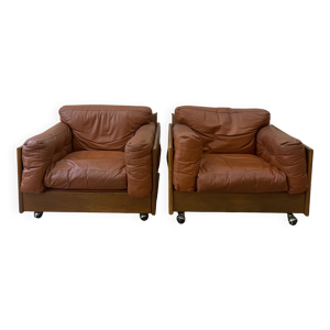 Paire de fauteuils Club - cuir cognac