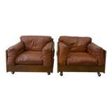 Pair of Cognac Leather Club Armchairs & Wood - Italian Design - 1970s