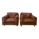 Pair of Cognac Leather Club Armchairs & Wood - Italian Design - 1970s