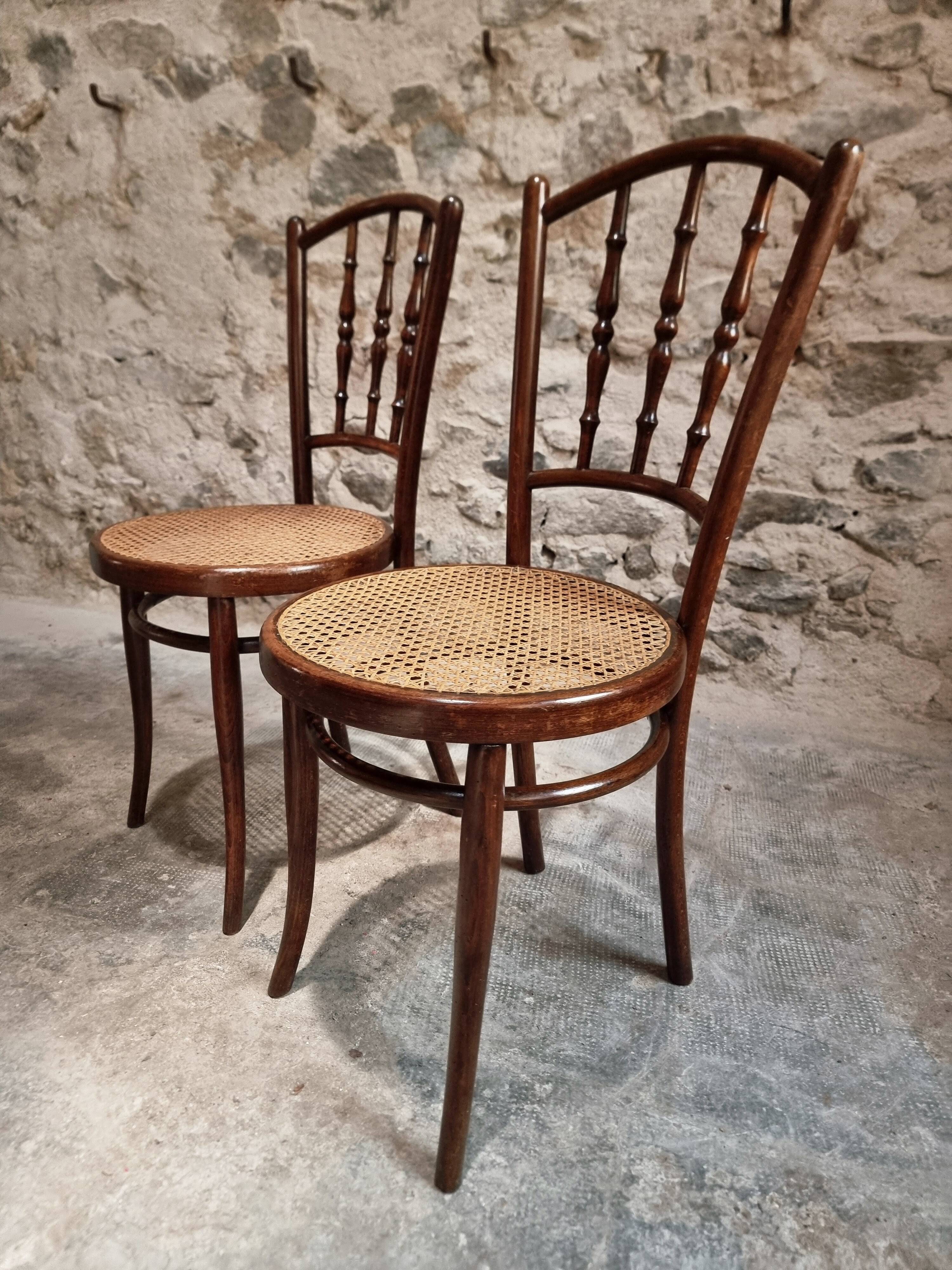 2 chaises bistrot viennoises Kohn antiques en bois courbé et cannage, Autriche vers 1900–1930