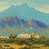 Mongolia landscape painting signed frame