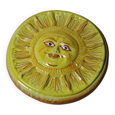 Plaque murale soleil anthropomorphe en majolique de Vietri artisanal vintag