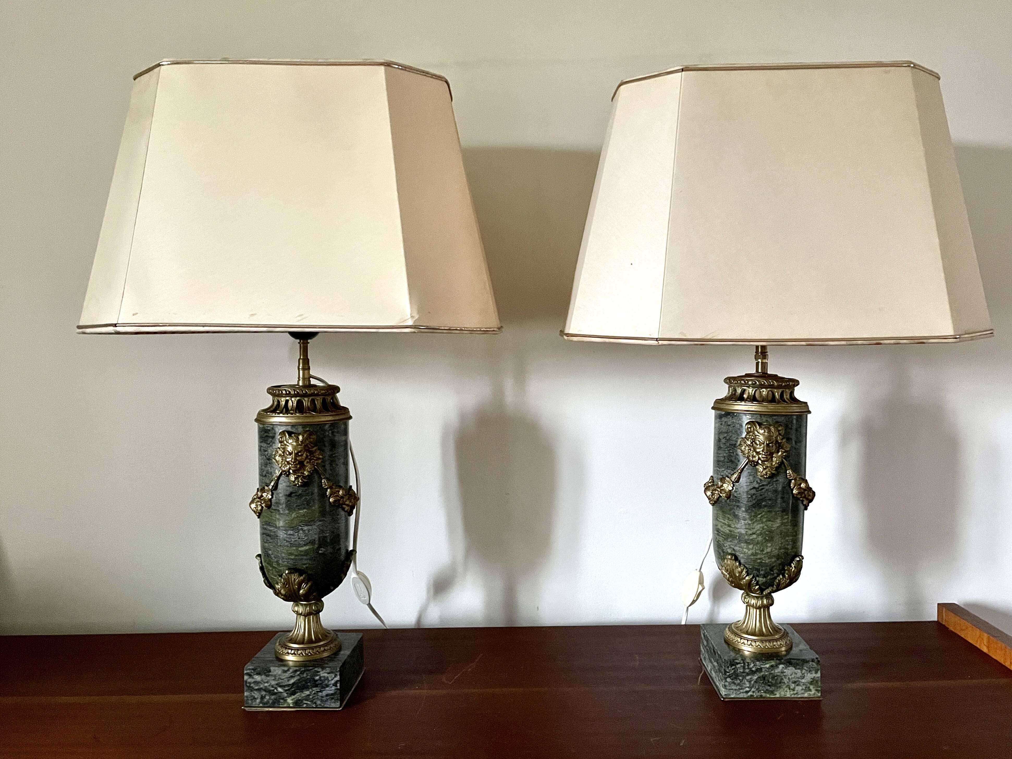 Pair of green marble and gilded bronze cassolettes