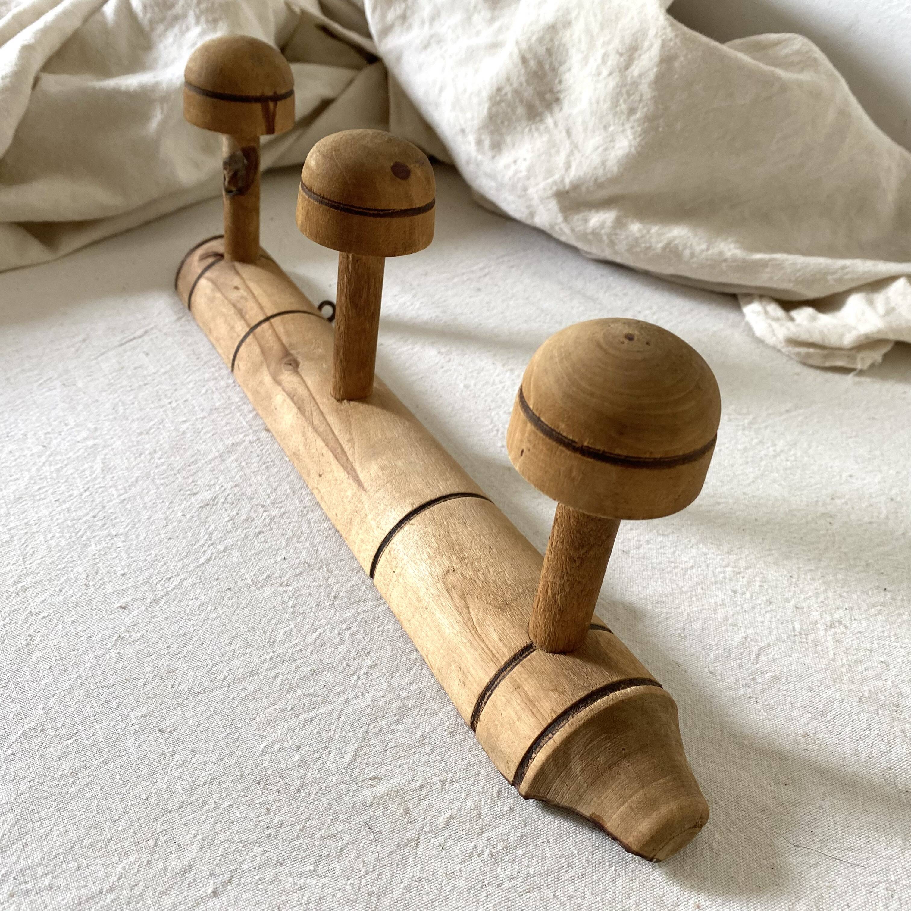 Turned wooden wall coat rack with 3 hooks