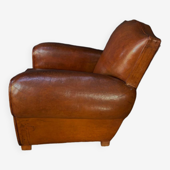 French, leather club chair, caramel mustache model circa 1930's