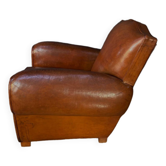 French, leather club chair, caramel mustache model circa 1930's