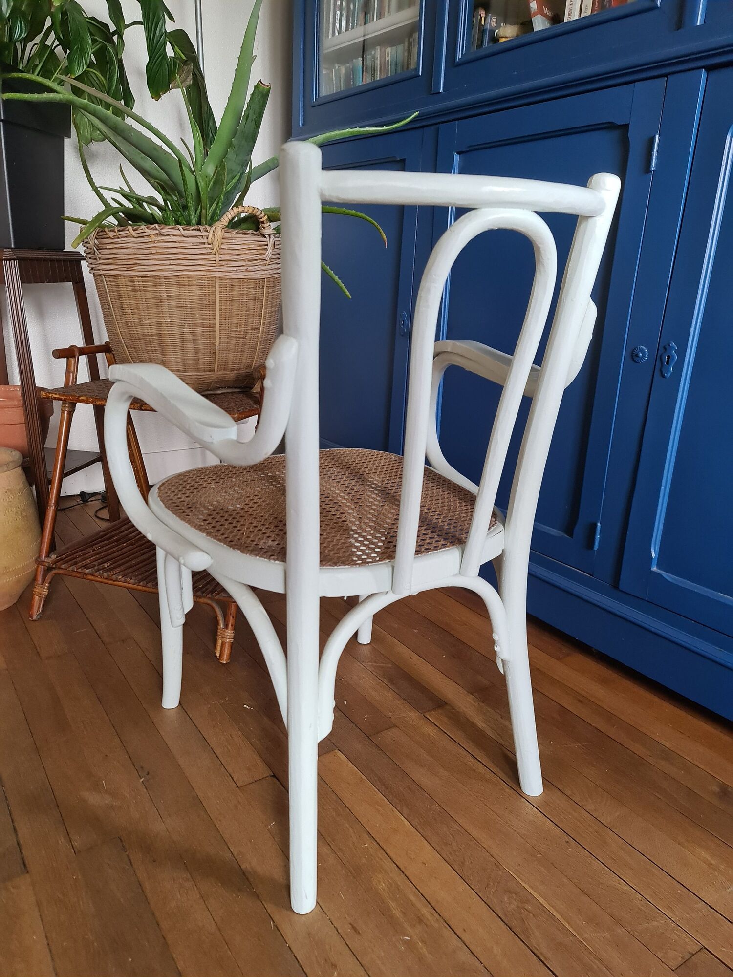 Chair / armchair cannage and wood painted shaby vintage
