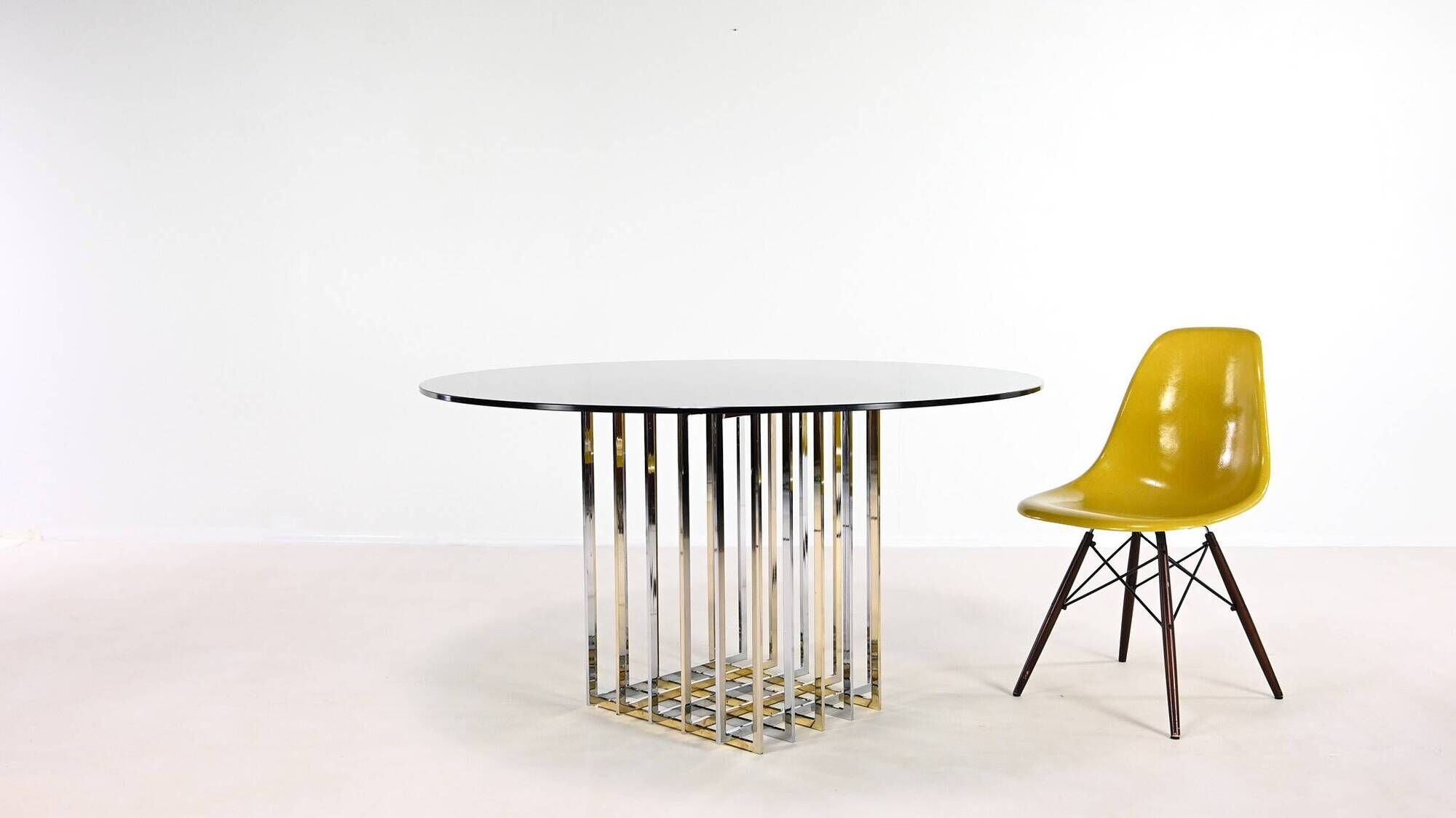 Pierre cardin, “cage” dining table, chrome and gilded steel. france, circa 1970.