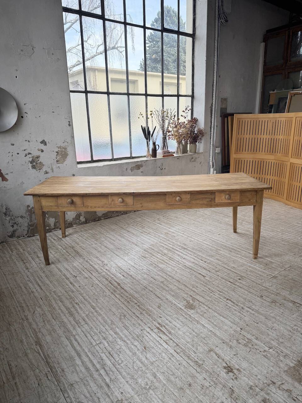 Pine and oak farmhouse table with multiple drawers, communal type, 240cm.