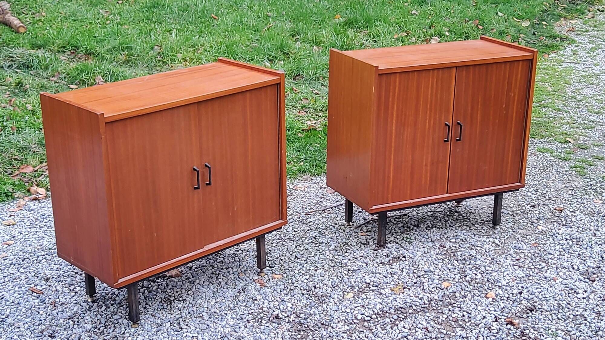 Pair of vintage mahogany sideboards with square metal legs from the 60s
