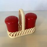 Red and white plastic salt and pepper shakers Emsa.