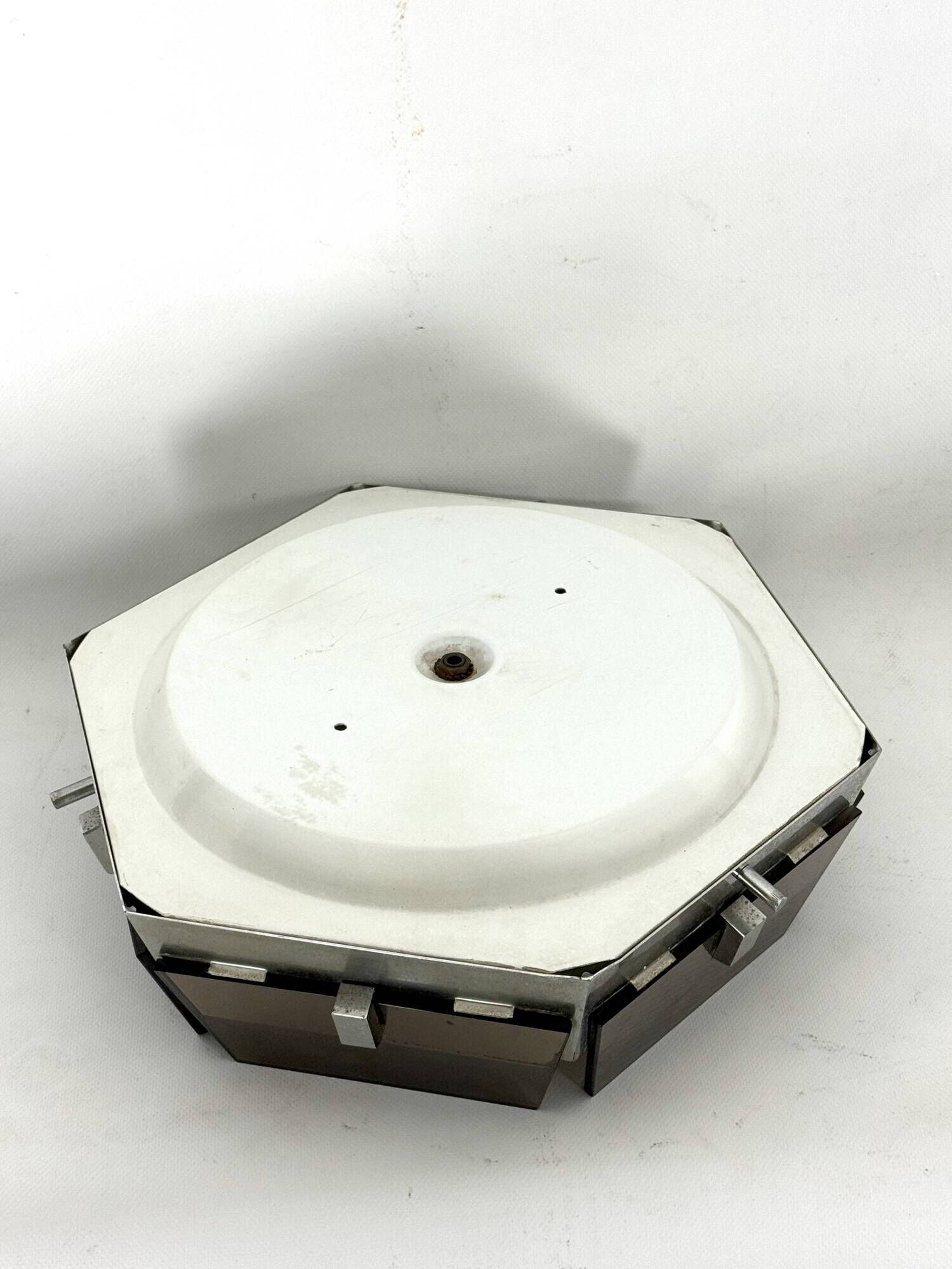 Veca, large exagonal ceiling lamp in glass and chrome. Italy 1970s