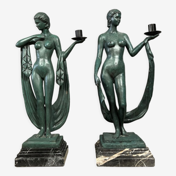 Pair of Art Nouveau style lamps in bronze with green patina signed Preiss