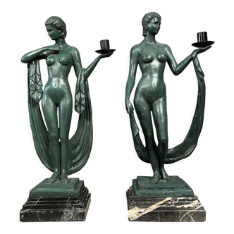 Pair of Art Nouveau style lamps in bronze with green patina signed Preiss