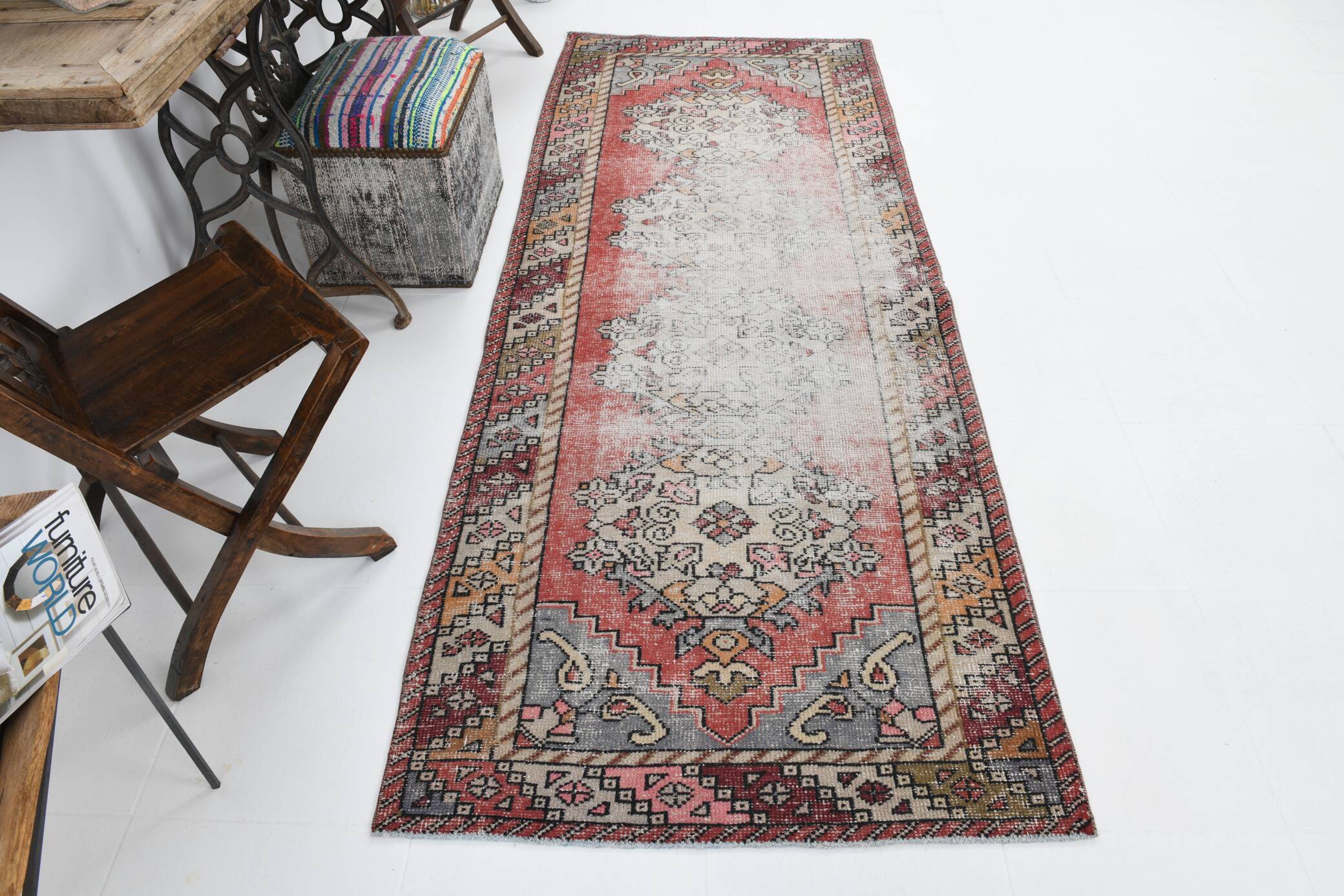 3x9 Rug For Hallway Antique Red Vintage Runner Rug, 102x261Cm SK 3931