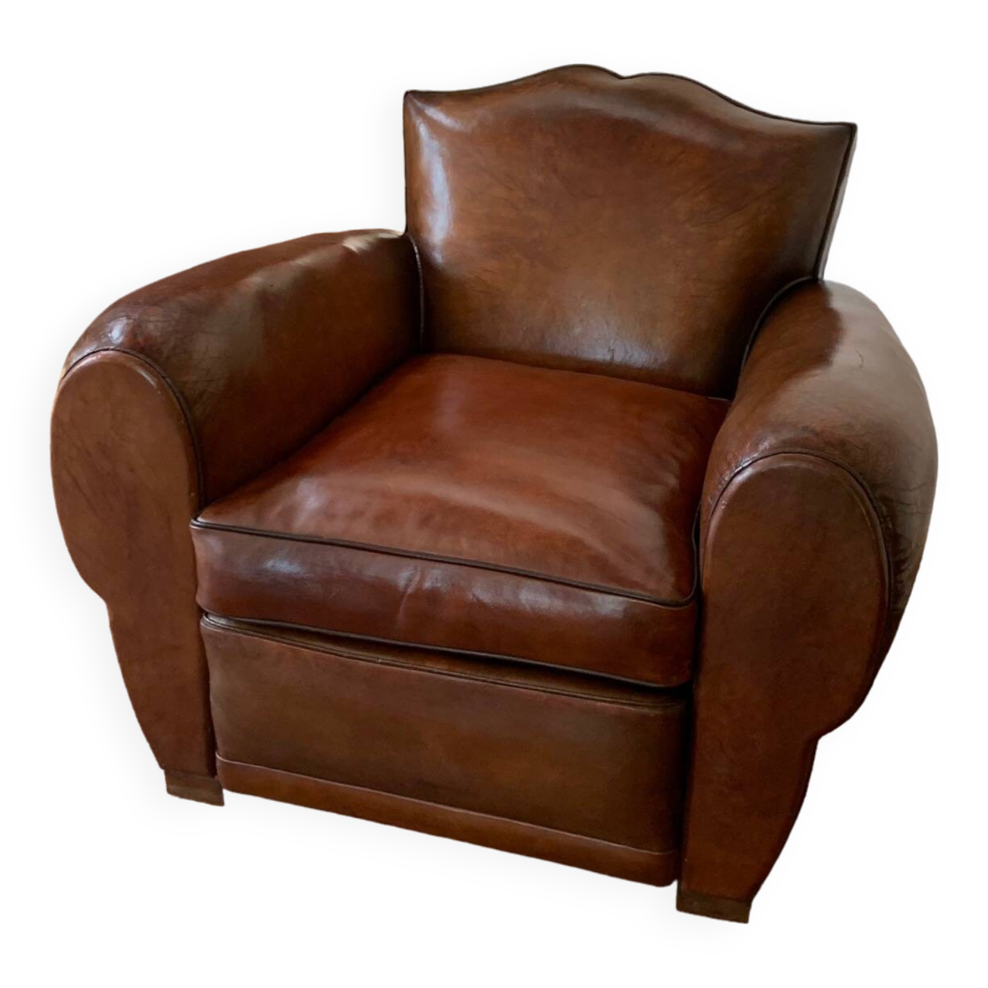 French Leather Club Chair, Havana Mustache Model, with Cuban Cigar Arms, Circa 1930's