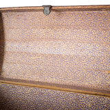 Malle bombée ancienne en bois et simili cuir marron