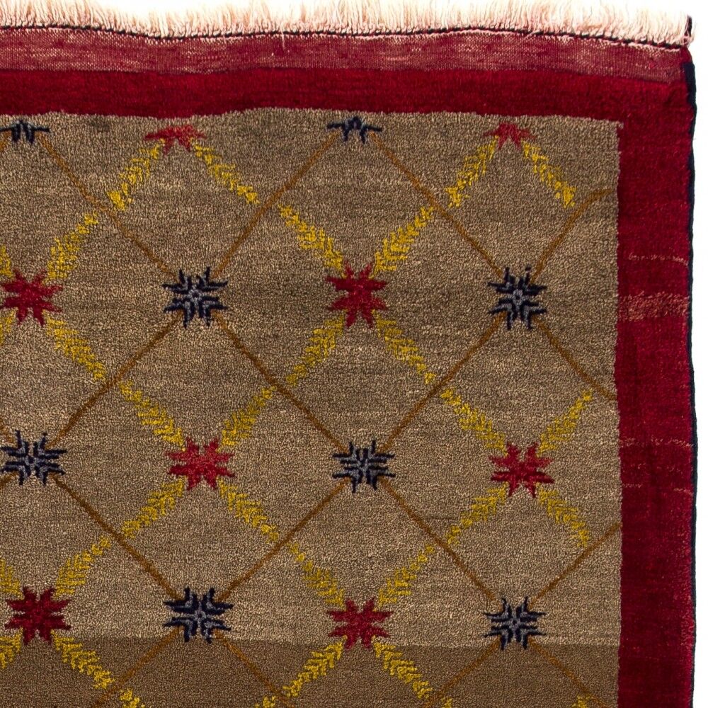 Vintage Hand-Knotted Turkish Karapinar Rug with Lattice Design in Brown, Red and Yellow, 100% Wool