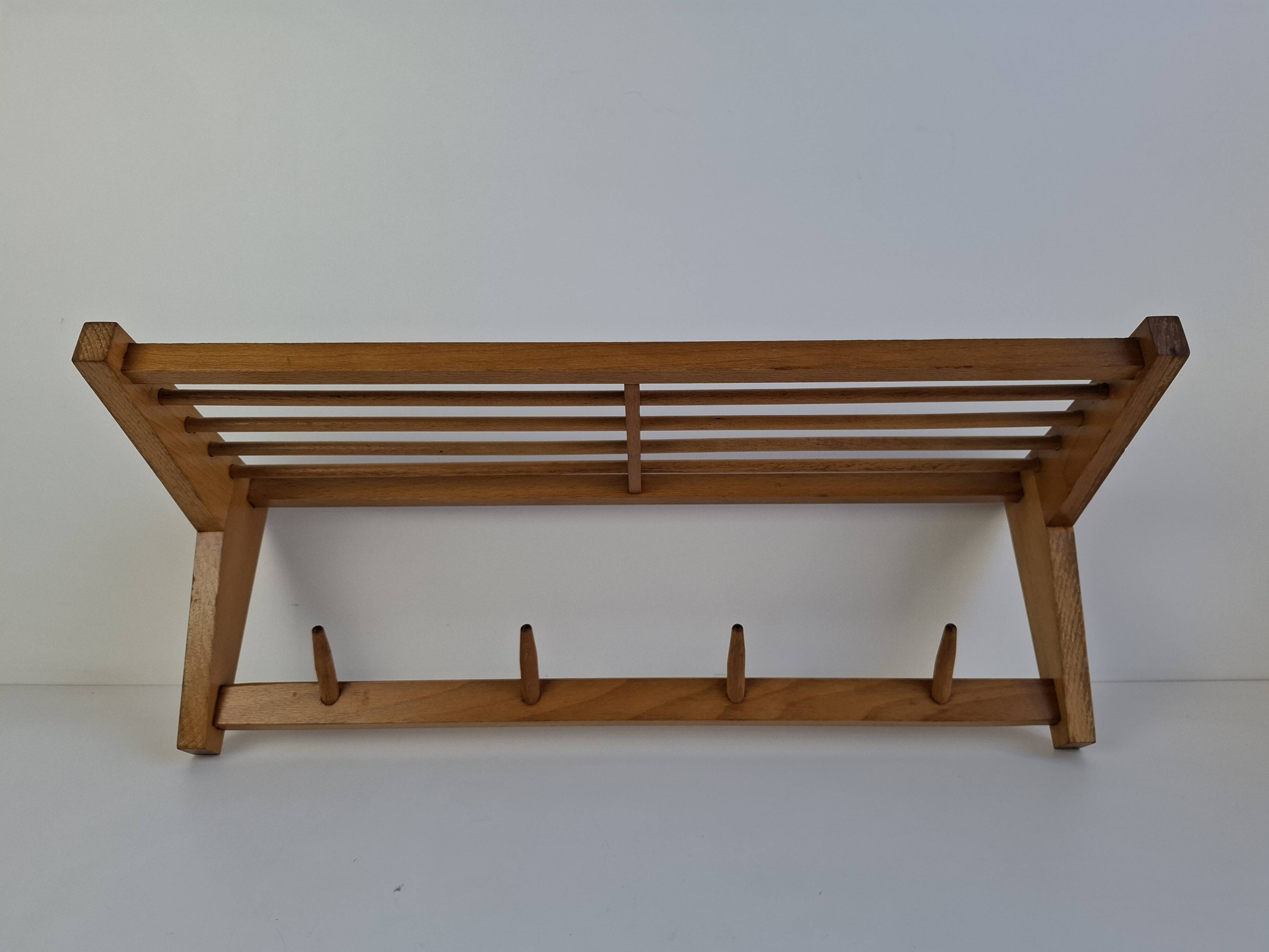 Mid-century Czechoslovak wooden wall coat rack with shelf, Uluv, 1970s
