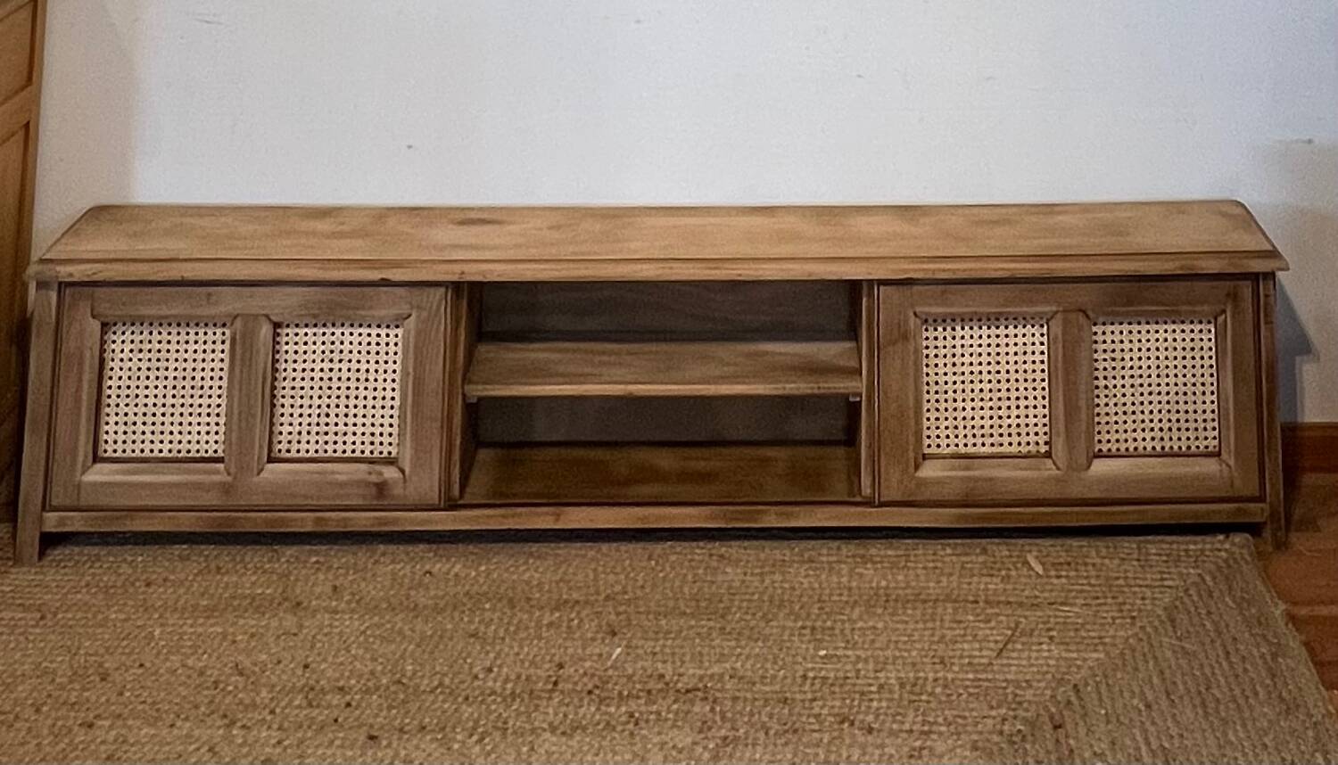 TV cabinet in raw oak and cane - sliding doors