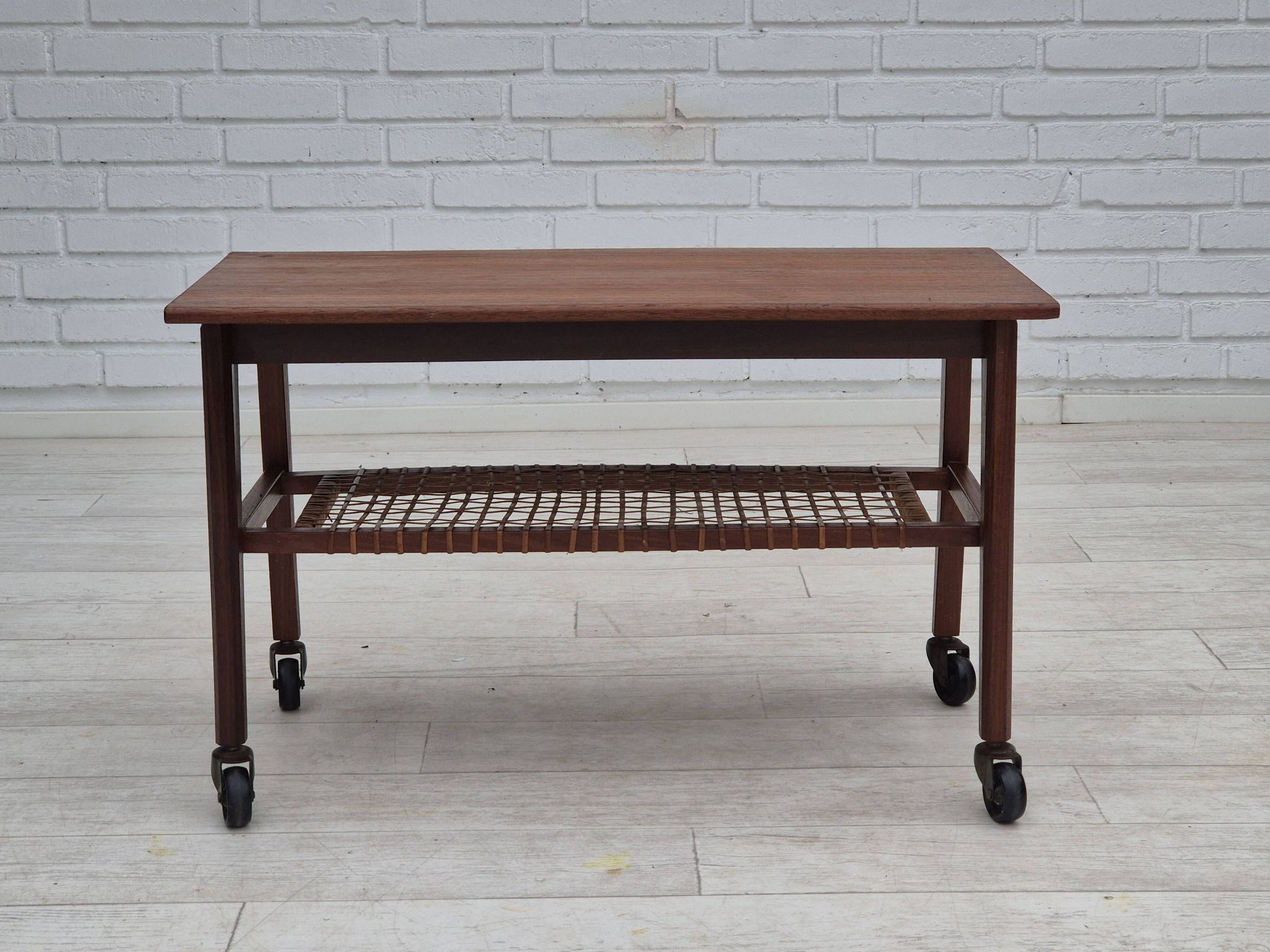 1970s, Danish side table, original very good condition, teak wood, rattan.