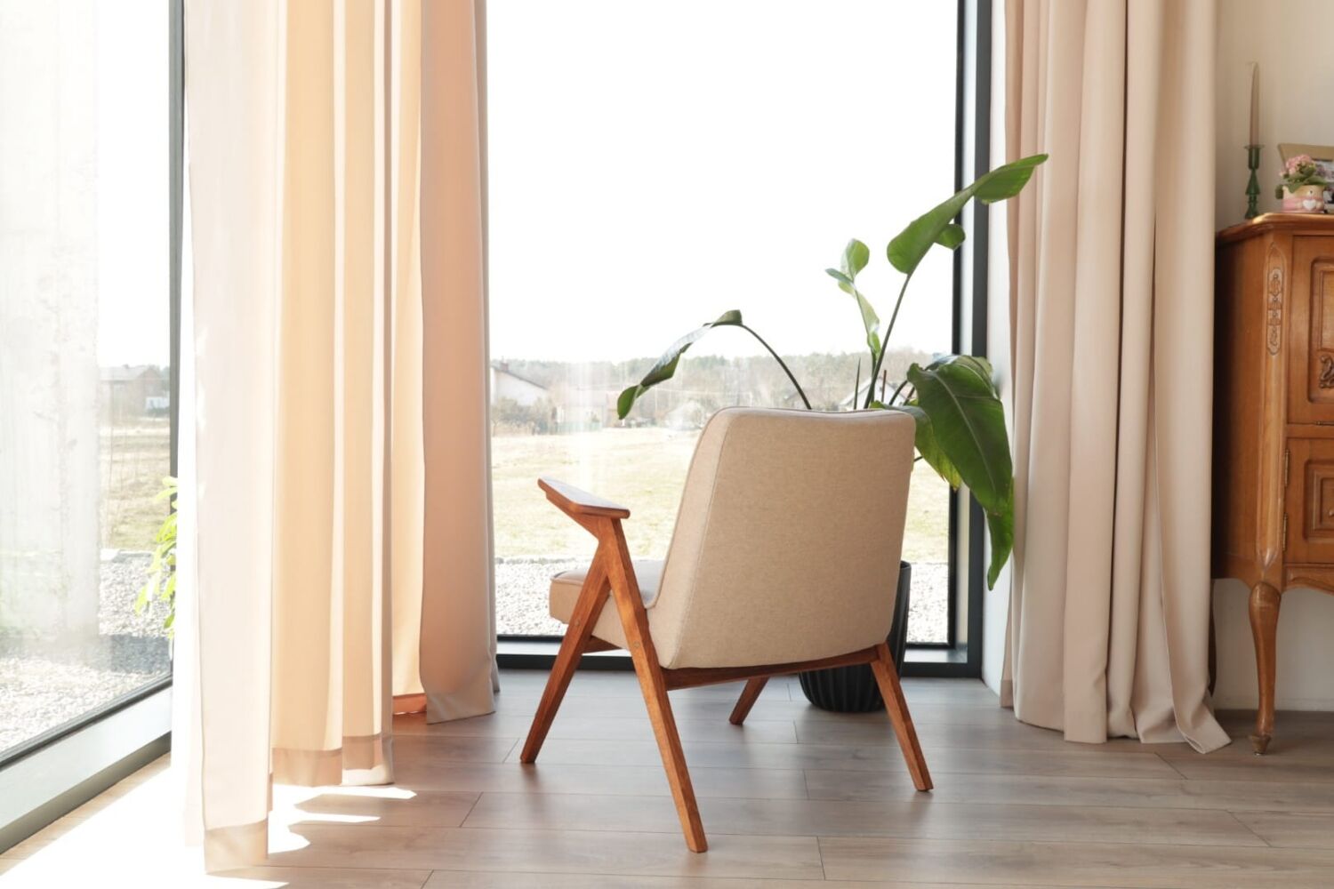 Vintage Lounge Chair Beige Wool Upholstery