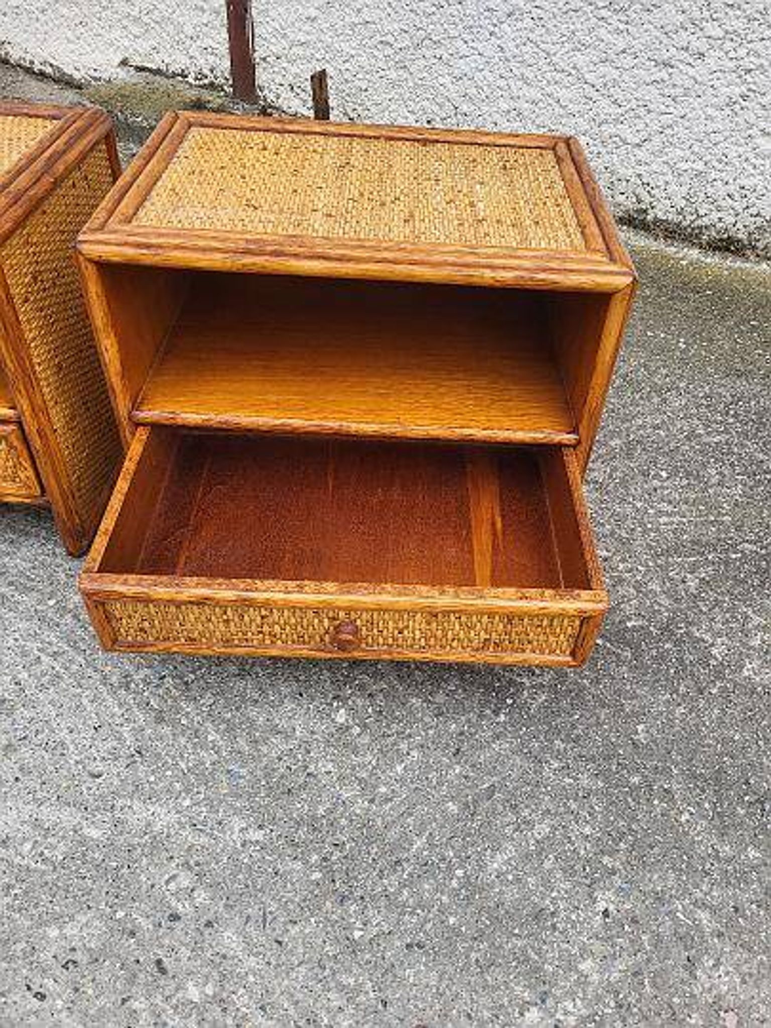 Pair of vintage maugrion rattan nightstands with drawers