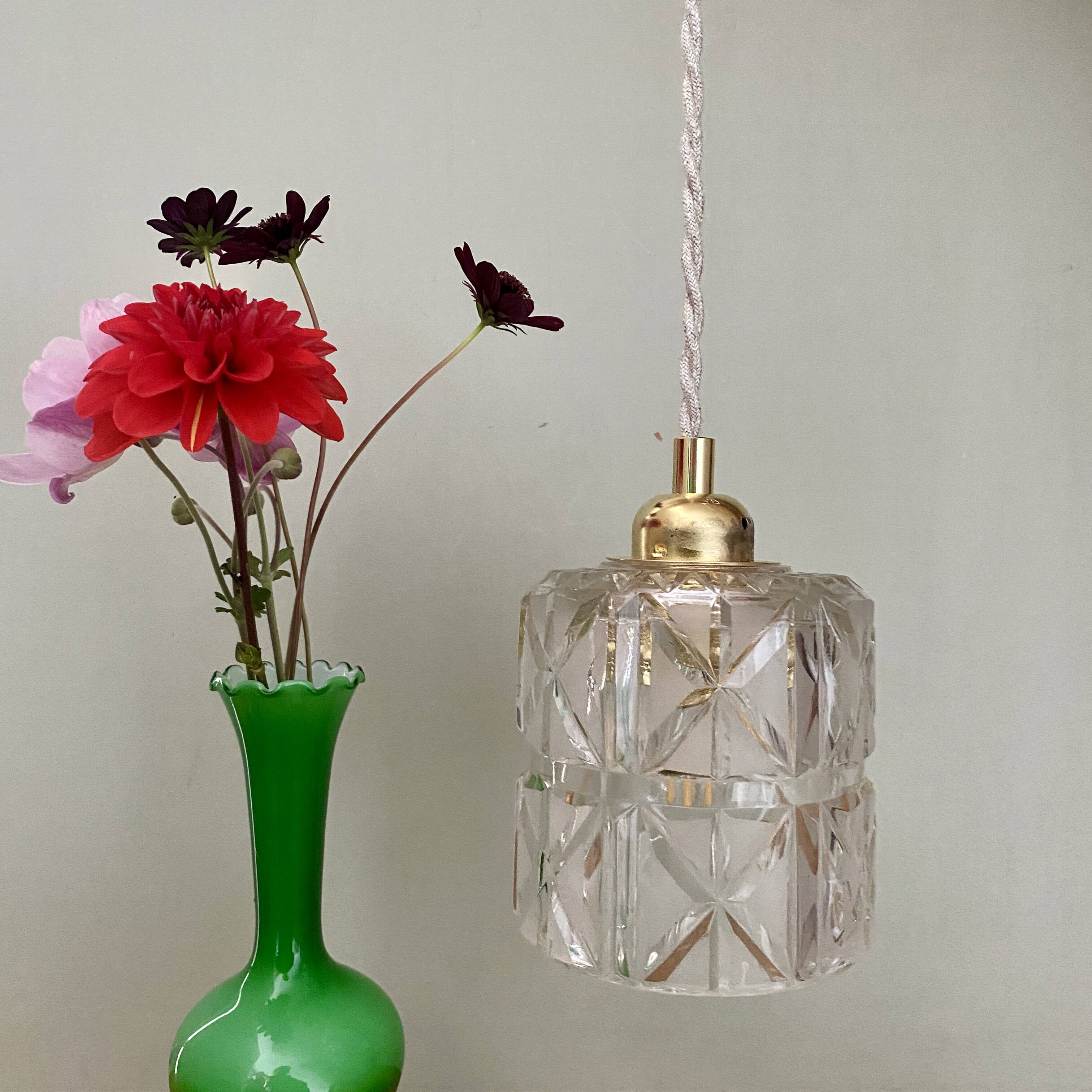 Vintage globe pendant light in thick, chiseled and frosted glass