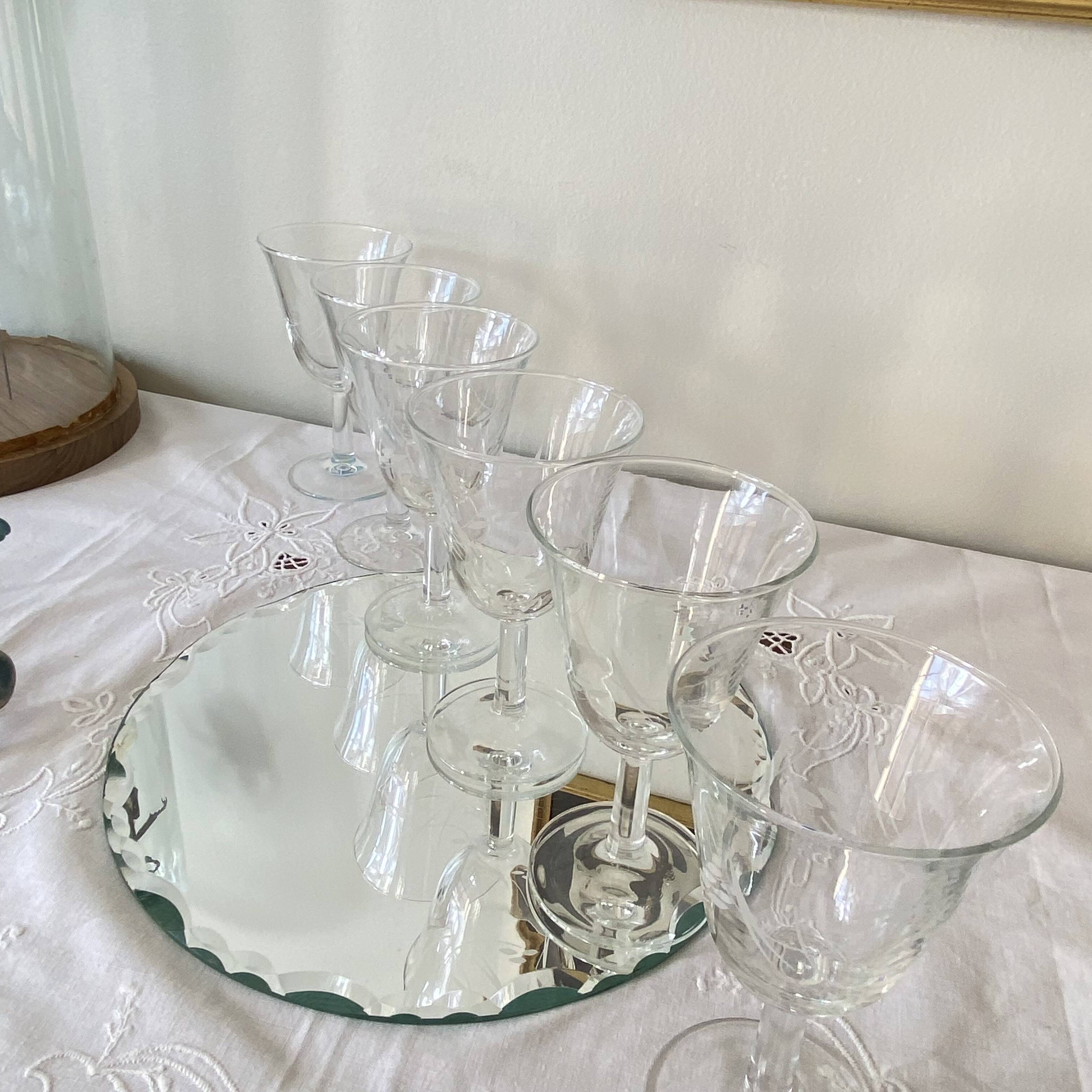 6 antique engraved stemmed glasses with stylised flowers, for wine or water.