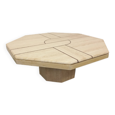 Table basse octogonale vintage en travertin et motif géométrique des années