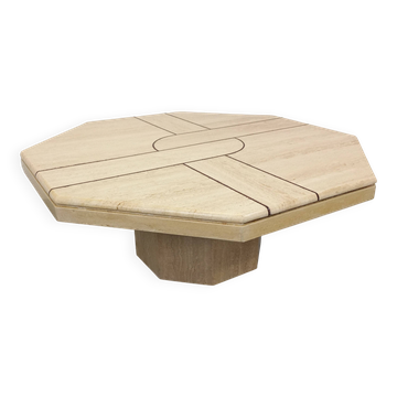 Vintage octagonal coffee table in travertine and geometric pattern from the 1970s