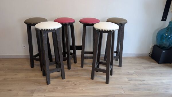 Lot de 6 tabourets de bar en bois — esprit bistrot & bois patiné