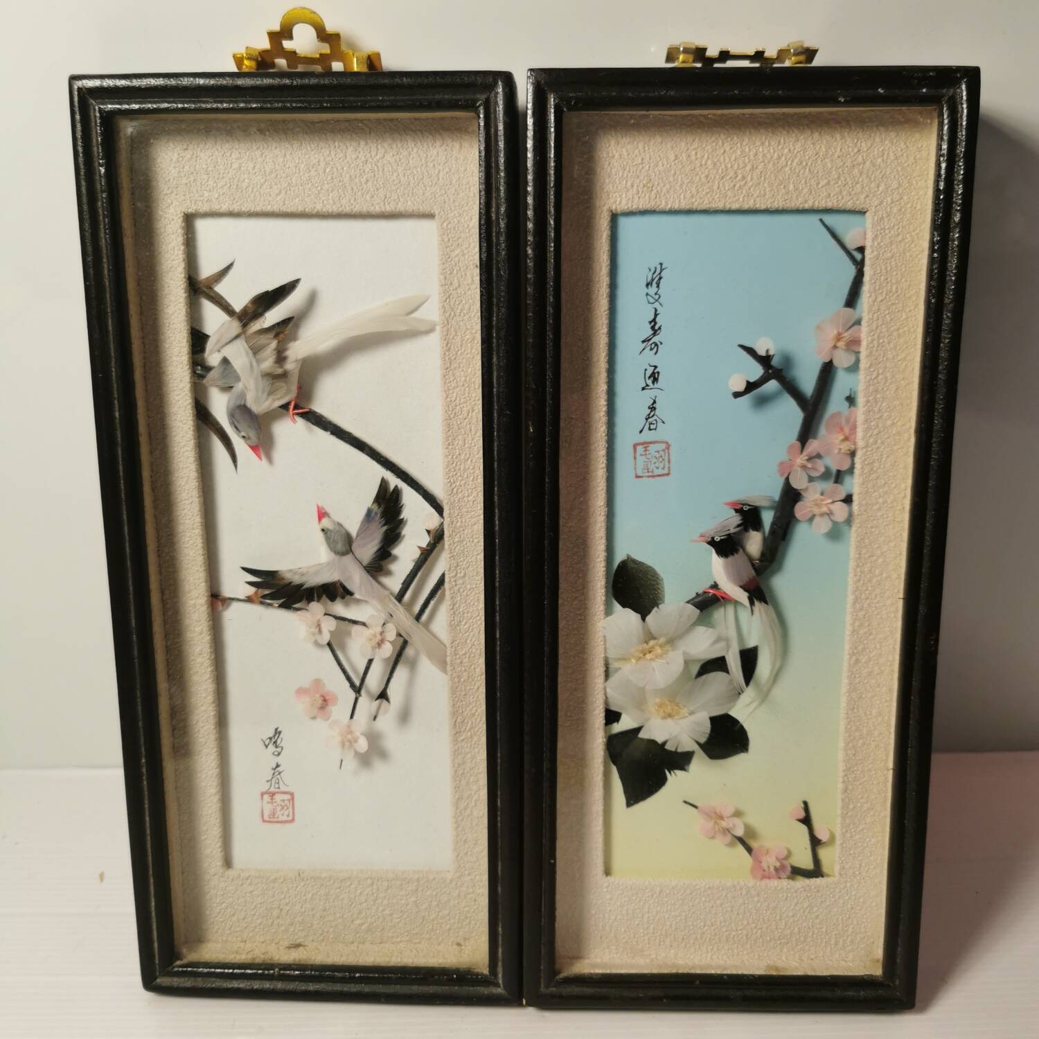 Adorable Pair of Asian Chinese Relief Bird Paintings Made in Vintage Feather