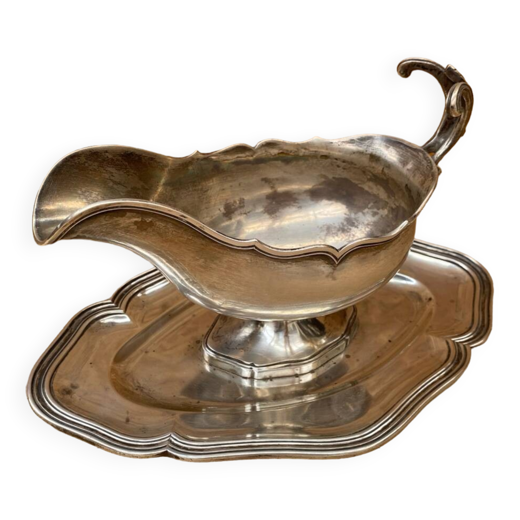 Antique silver metal gravy boat vintage kitchen utensil
