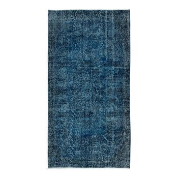 3.7x6.9 Ft Vintage Hand-Knotted Navy Blue Over-Dyed Rug from Turkey, Woolen Floor Covering. NTEK0797