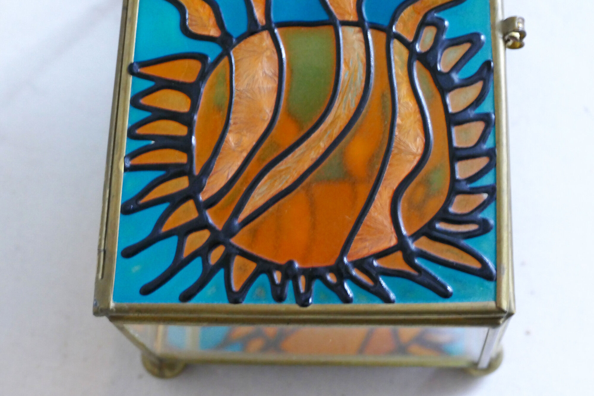Blue and orange vintage jewellery box in 70s bohemian chic stained glass