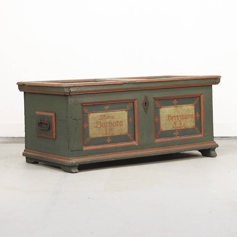 Coffre de mariée peint d'art populaire, 1853