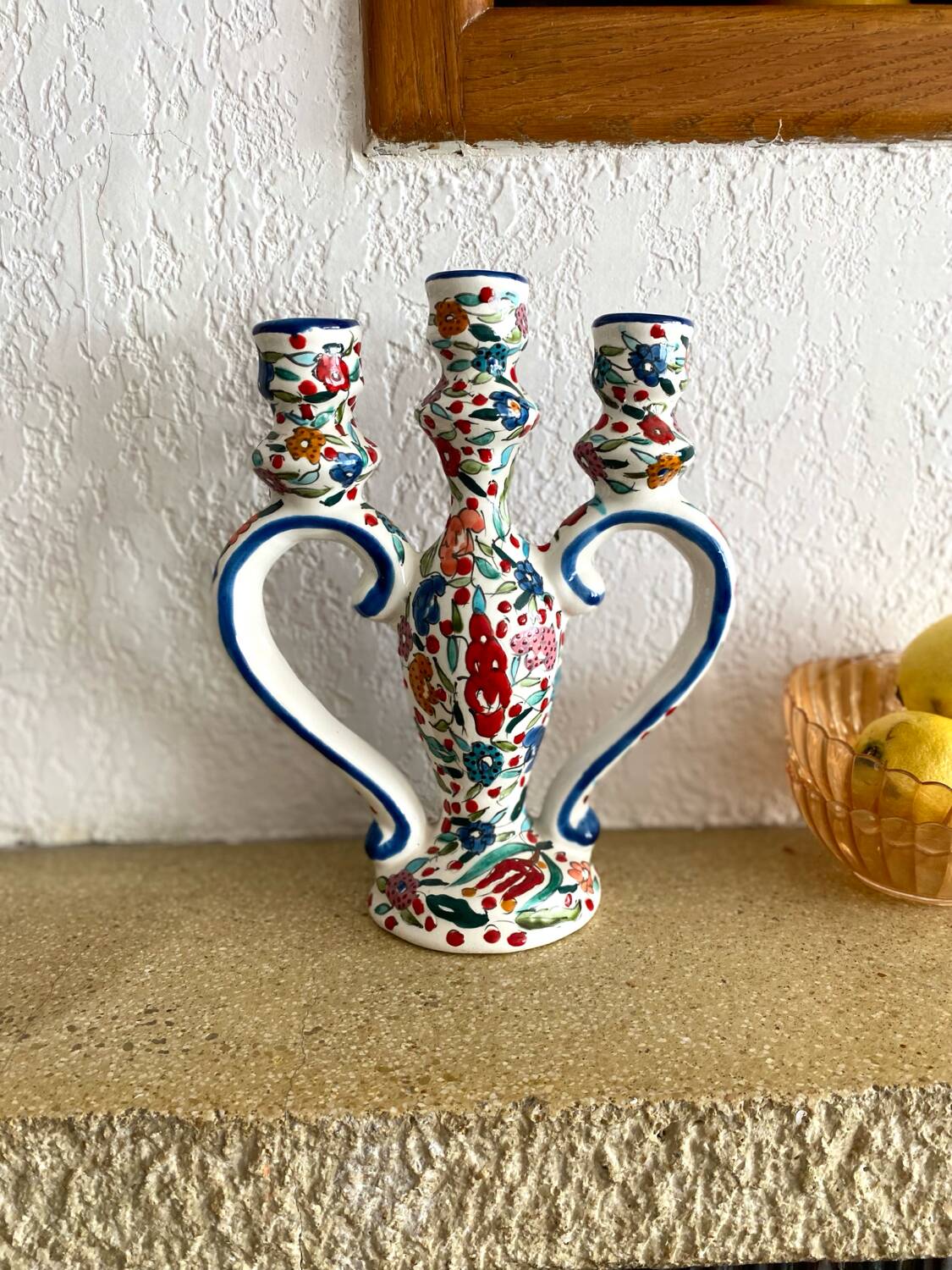 Three-branch candle holder in antique hand-painted ceramic