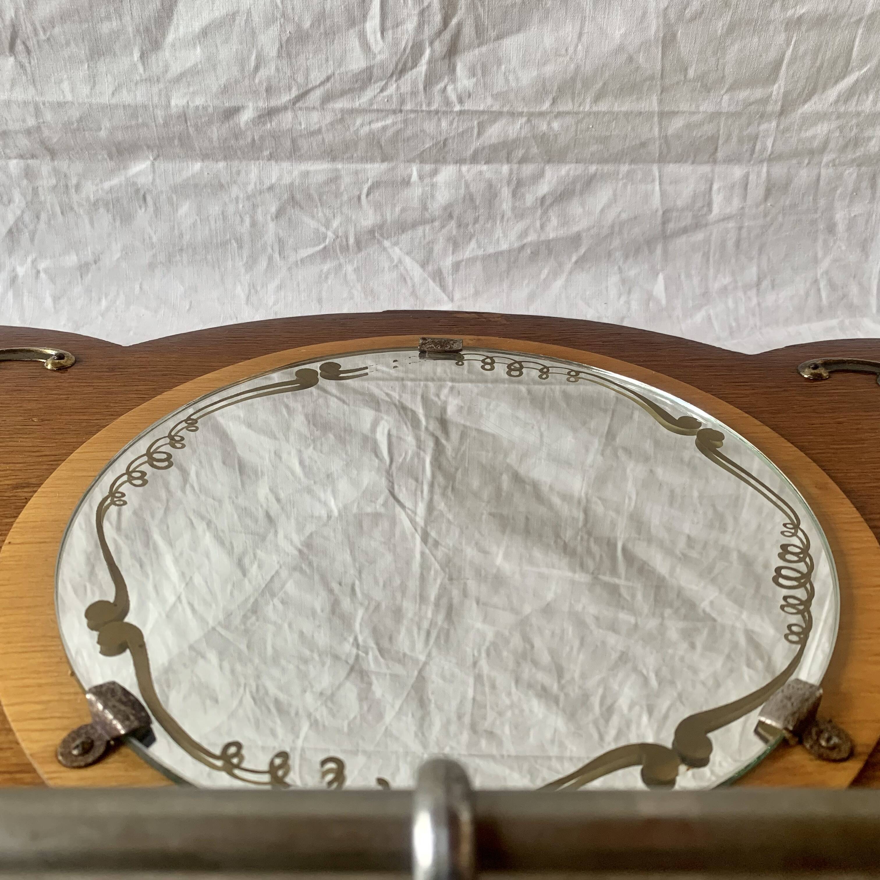 Art Deco wooden wall coat rack with round central mirror