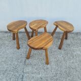 4 Vintage tripod stools, solid wood, brutalist, circa 1960
